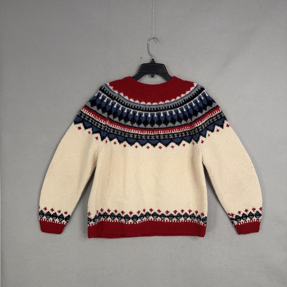 Eddie Bauer Sweater Womens Medium White Wool Fair Isle Crew Knit Chunky Pullover - Picture 3 of 6